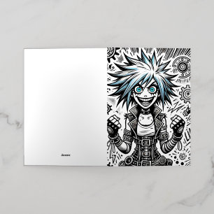 anime comic cheerful art original blu_eyes black_a foil greeting card