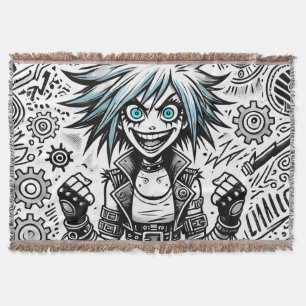 anime comic cheerful art original blu_eyes black_a throw blanket