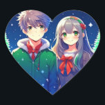 Anime Couple Romantic Christmas  Heart Sticker<br><div class="desc">Christmas time with a cute anime couple with a snowy pine tree background.</div>