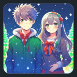 Anime Couple Romantic Christmas  Square Sticker<br><div class="desc">Christmas time with a cute anime couple with a snowy pine tree background.</div>