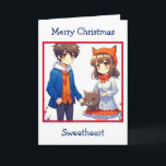 Anime Couple Romantic Personalized Christmas  Card<br><div class="desc">Christmas card with a cute anime couple with a cat background.</div>