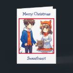 Anime Couple Romantic Personalized Christmas  Card<br><div class="desc">Christmas card with a cute anime couple with a cat background.</div>
