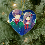 Anime Couple Romantic Personalized Christmas  Ceramic Ornament<br><div class="desc">Christmas time with a cute anime couple with a snowy pine tree background.</div>