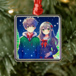 Anime Couple Romantic Personalized Christmas  Metal Ornament<br><div class="desc">Christmas time with a cute anime couple with a snowy pine tree background.</div>