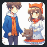 Anime Couple Romantic Personalized Christmas  Square Sticker<br><div class="desc">Christmas card with a cute anime couple with a cat background.</div>