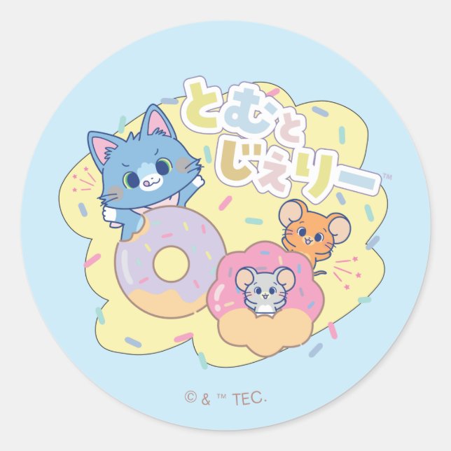 Anime Doughnut Delights with Tom, Jerry, and Tuffy Classic Round Sticker (Front)