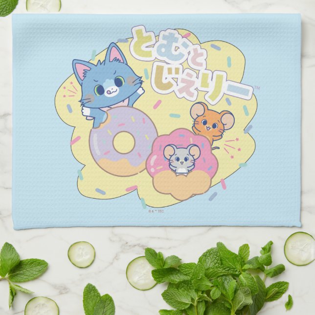 Anime Doughnut Delights with Tom, Jerry, and Tuffy Kitchen Towel (Folded)