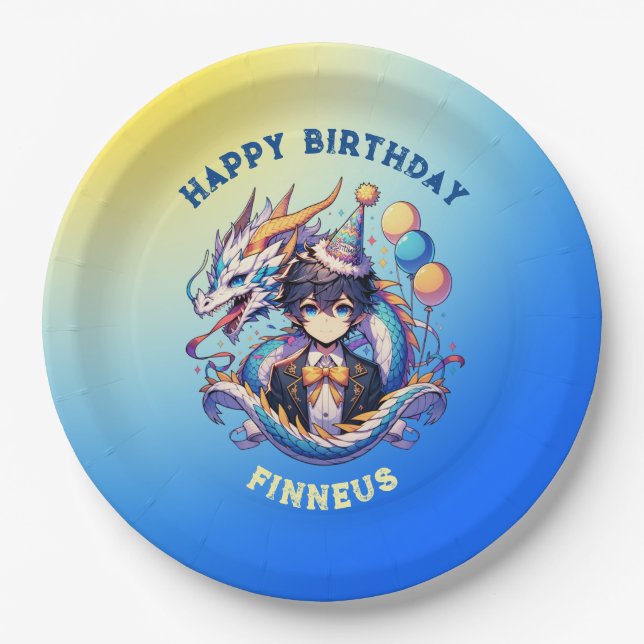 Anime Dragon Personalized Boy's Birthday  Paper Plate (Front)