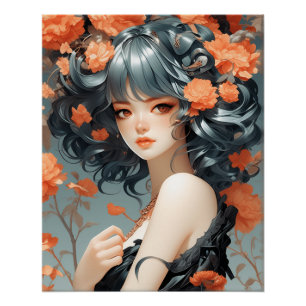 Anime Elegance: Vintage LBD Fantasy AI Art Poster