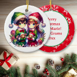 Anime Elves and Snowflakes Personalized Christmas  Ceramic Ornament<br><div class="desc">Anime kids in Santa hats holding toys themed personalized Christmas ornament.</div>