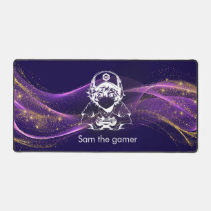 Anime Gamer Boy Desk Mat Custom Name Purple Gold