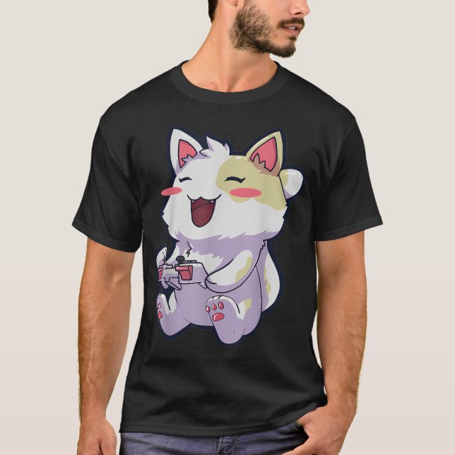Anime Gamer Gaming Video Games Cat T-Shirt (Front)
