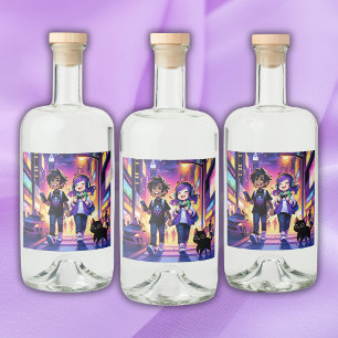 Anime Gaming Couple with their Cat Liquor Bottle Label