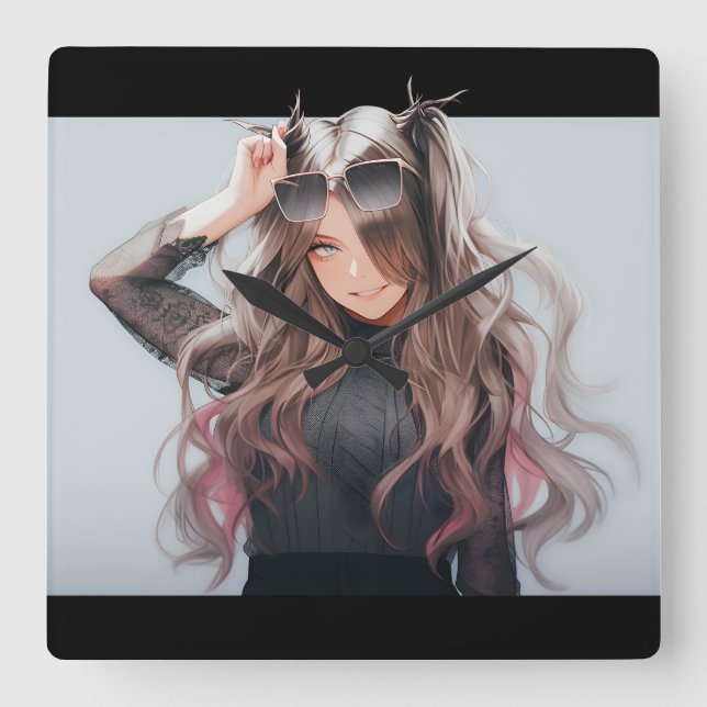 Anime girl #4 square wall clock (Front)