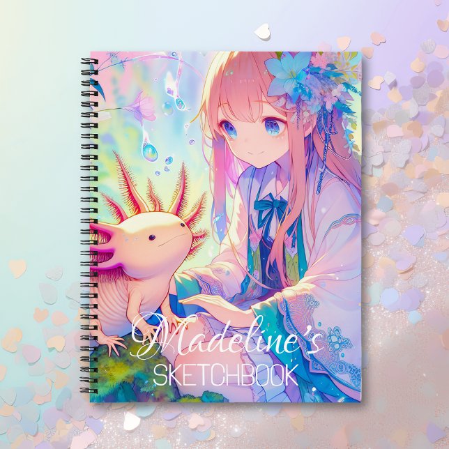 Anime Girl and Axolotl Personalized Sketchbook Notebook (Creator Uploaded)