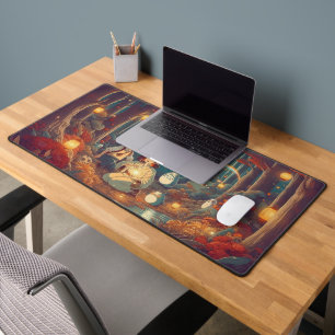 Anime Girl and Boy with Yokais in Glowing Light Desk Mat