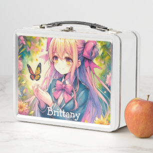 Anime Girl and Butterfly Watercolor Ai Art Metal Lunch Box