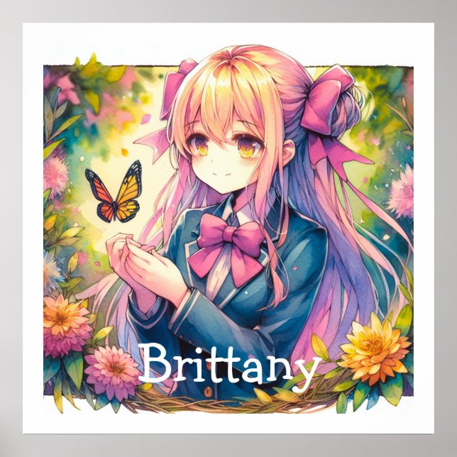 Anime Girl and Butterfly Watercolor Personalized Poster (Front)