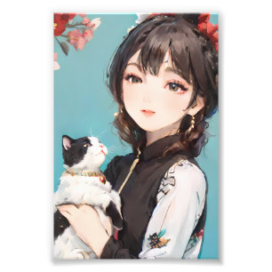 Anime Girl and Cat with Floral Details Photo Print