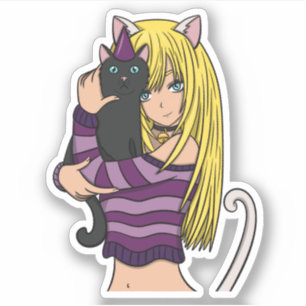 Anime Girl and Cute Cat
