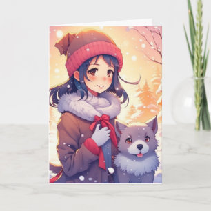 Anime Girl and Dog with Christmas Background Card