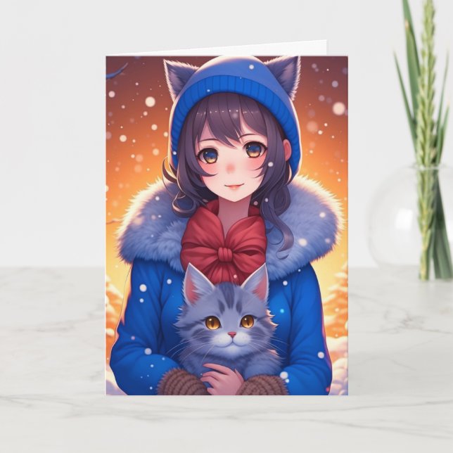 Anime Girl and Kitten Colouring Page Christmas Card (Front)