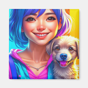 Anime Girl and Puppy Dog   Magnet