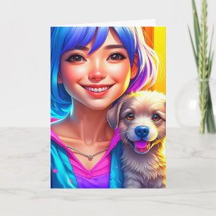 Anime Girl and Puppy Dog Personalized Birthday   Card