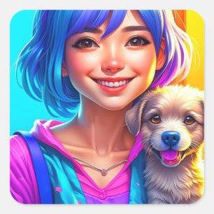 Anime Girl and Puppy Dog Square Sticker