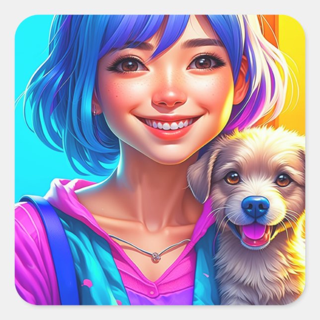 Anime Girl and Puppy Dog   Square Sticker (Front)