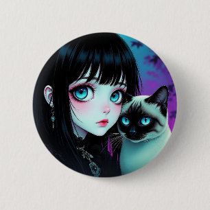 Anime Girl and Siamese Cat 2 Inch Round Button