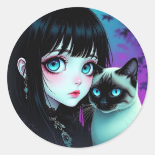  Anime Girl and Siamese Cat  Classic Round Sticker