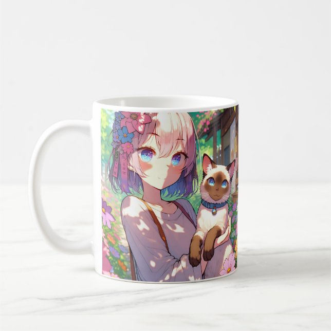 Anime Girl and Siamese Cat Personalized Coffee Mug (Left)