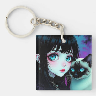 Anime Girl and Siamese Cat Personalized Keychain