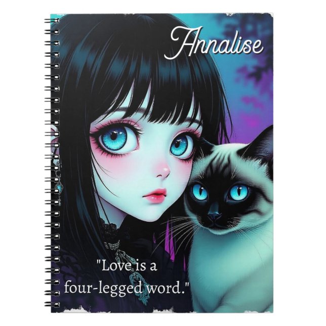 Anime Girl and Siamese Cat Quote Personalized Notebook (Front)