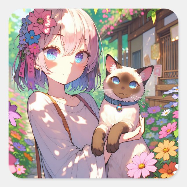 Anime Girl and Siamese Cat  Square Sticker (Front)