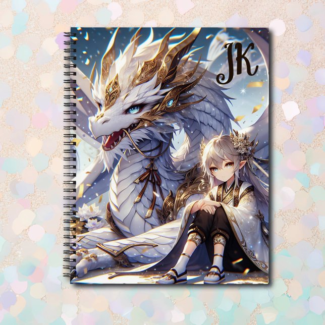 Anime Girl and White and Gold Dragon Monogrammed Notebook (Creator Uploaded)