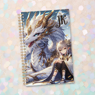 Anime Girl and White and Gold Dragon Monogrammed Planner