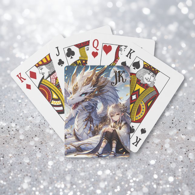 Anime Girl and White and Gold Dragon Monogrammed Playing Cards (Creator Uploaded)