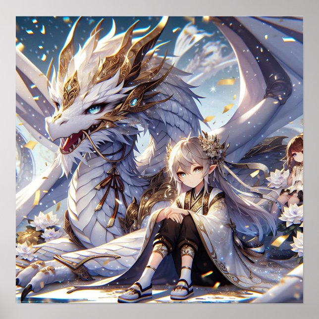 Anime Girl and White and Gold Dragon  Poster (Front)