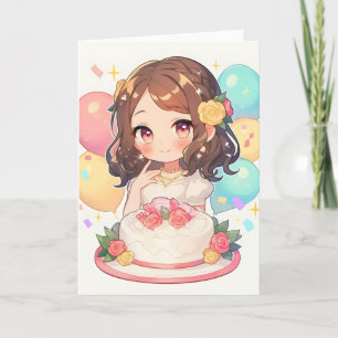 Anime Girl Birthday Cake Holiday Card