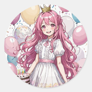 Anime girl Birthday Classic Round Sticker