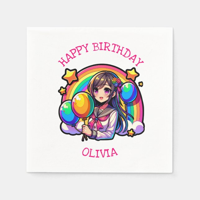 Anime Girl Colourful Pop Art Birthday Personalized Napkin (Front)