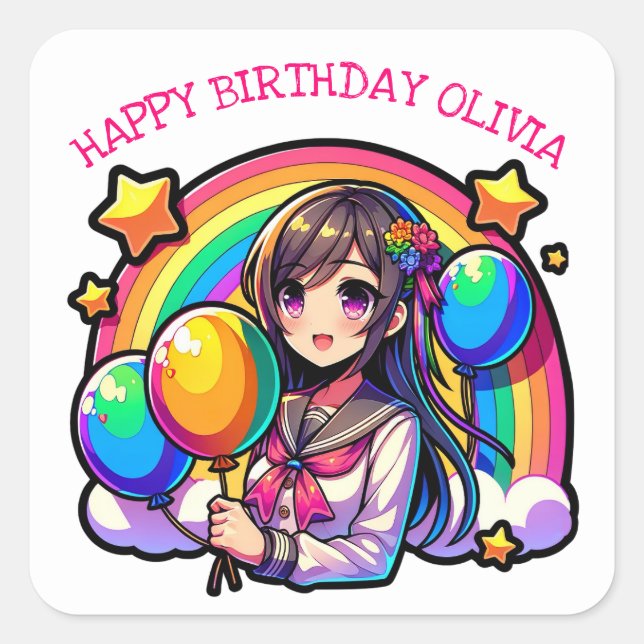 Anime Girl Colourful Pop Art Birthday Personalized Square Sticker (Front)