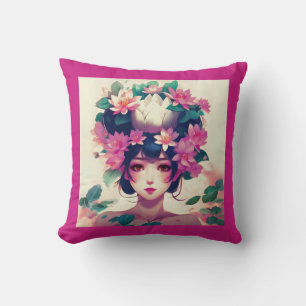 Anime Girl Crowned with Lotus Blossoms Throw Pillow