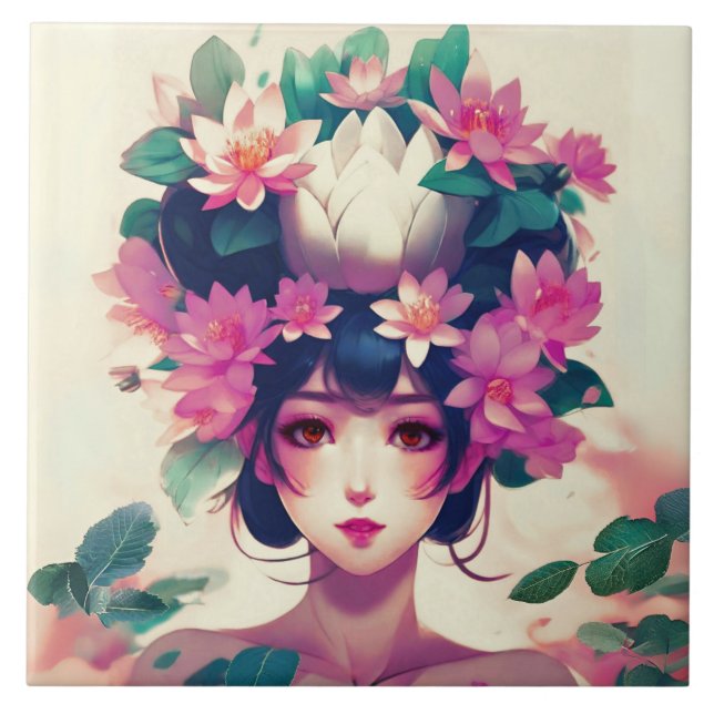 Anime Girl Crowned with Lotus Blossoms Tile (Front)