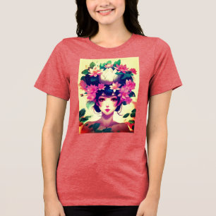 Anime Girl Crowned with Lotus Blossoms Tri-Blend Shirt