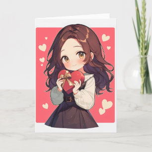 Anime Girl Cute Hearts Holiday Card