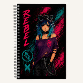 Anime Girl Cyberpunk Neon Black Notebook