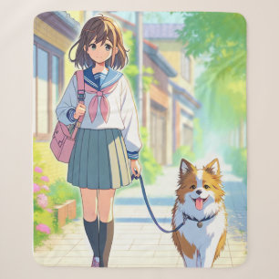 Anime Girl Dog Walker Sherpa Blanket